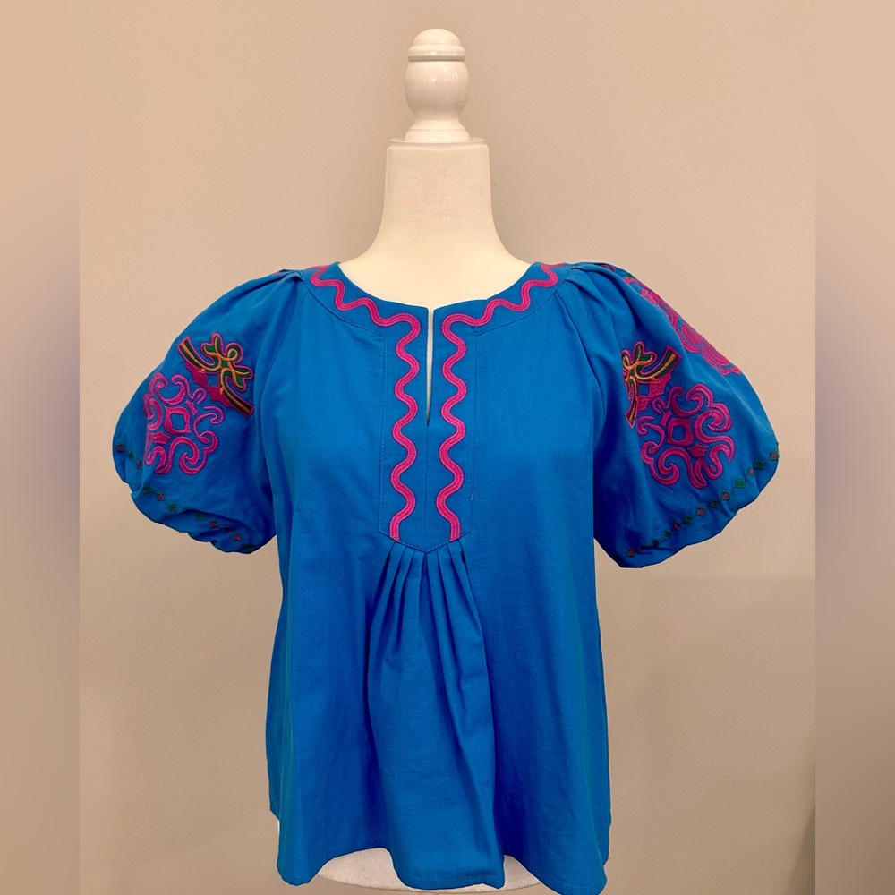 Vibrant Blue Blouse with Pink Embroidery